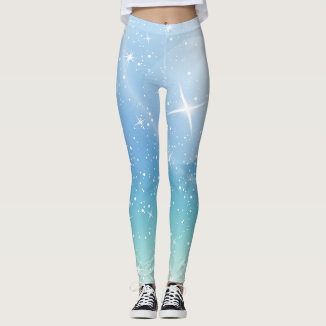 Pastel Starry Sky Blue Gradient Moon Galaxy Design Leggings (Front)
