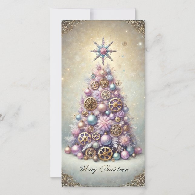 Pastel Steampunk Christmas Card Purple Tree (Front)