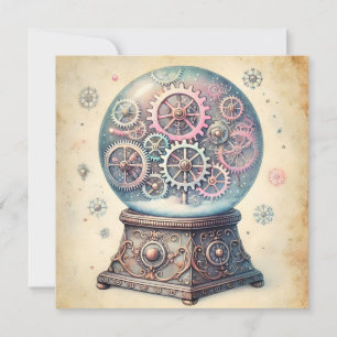 Pastel Steampunk Christmas Snow Globe Greetings Holiday Card