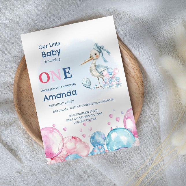 Pastel Stork & Balloons 1st Birthday Invitation (Creator Uploaded)