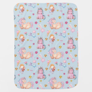 Pastel Storybook Unicorn & Floral Watercolor Baby Blanket