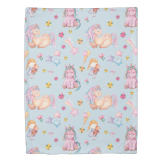 Pastel Storybook Unicorn & Floral Watercolor Duvet Cover