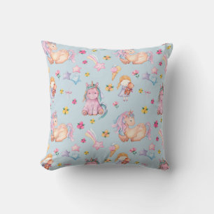 Pastel Storybook Unicorn & Floral Watercolor Throw Pillow