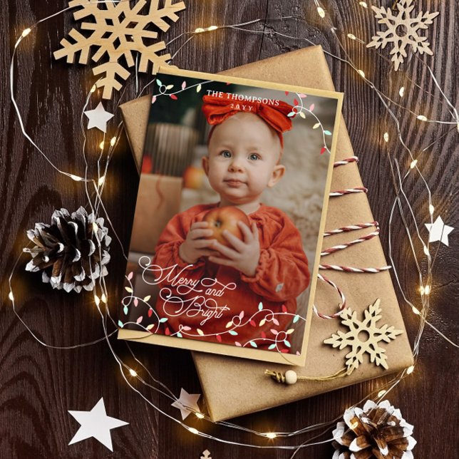Pastel String Lights Merry Bright Christmas Photo Holiday Card (Creator Uploaded)