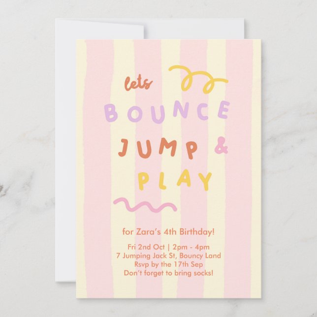 Pastel Stripe Girls Bounce Jump Play Party Invitation (Front)