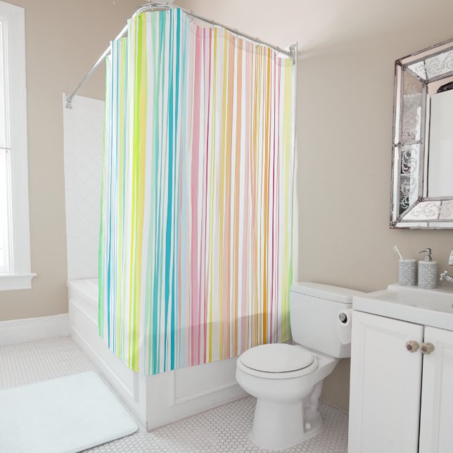 Pastel Stripe Pattern Color Shower Curtain (In Situ)