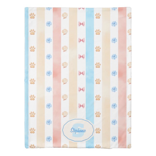 Pastel Stripe - Paw Prints, Blue Flower, Pink Bows Duvet Cover (Back)