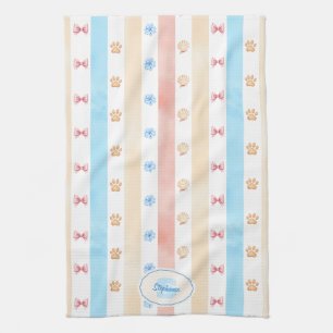Pastel Stripe - Paw Prints, Blue Flower, Pink Bows Kitchen Towel