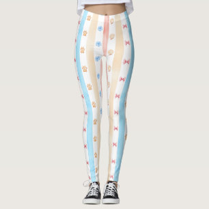 Pastel Stripe - Paw Prints, Blue Flower, Pink Bows Leggings