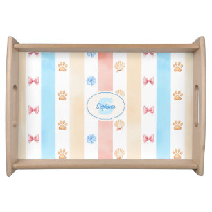 Pastel Stripe - Paw Prints, Blue Flower, Pink Bows Serving Tray
