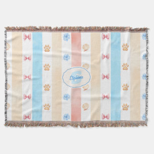 Pastel Stripe - Paw Prints, Blue Flower, Pink Bows Throw Blanket