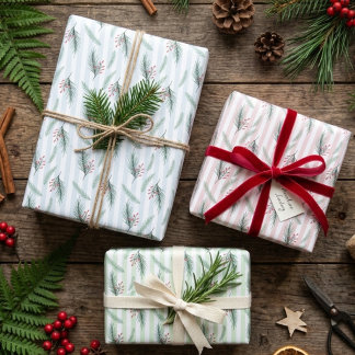 Pastel Stripe Winter Botanical Holiday Christmas Wrapping Paper Sheets