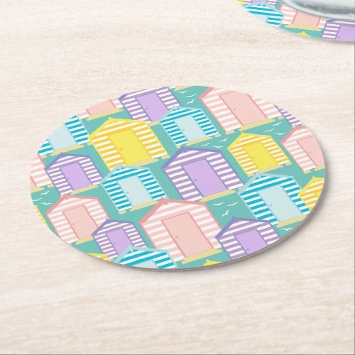 Pastel Striped Beach Hut Patterned Coastal Round Paper Coaster