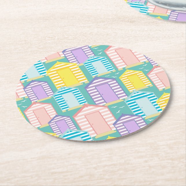 Pastel Striped Beach Hut Patterned Coastal Round Paper Coaster (Angled)