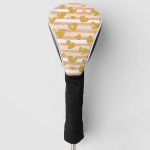 Pastel Striped Hearts with Shimmering Gold Accents Golf Head Cover