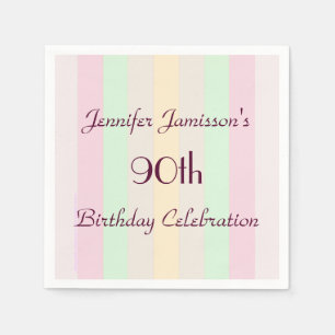 Pastel Striped Paper Napkins, 90th Birthday Party Napkins