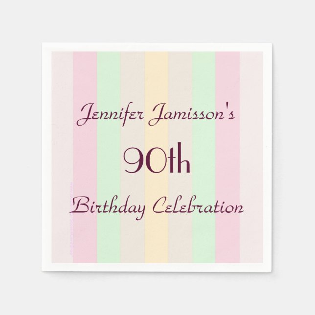 Pastel Striped Paper Napkins, 90th Birthday Party Napkins (Front)