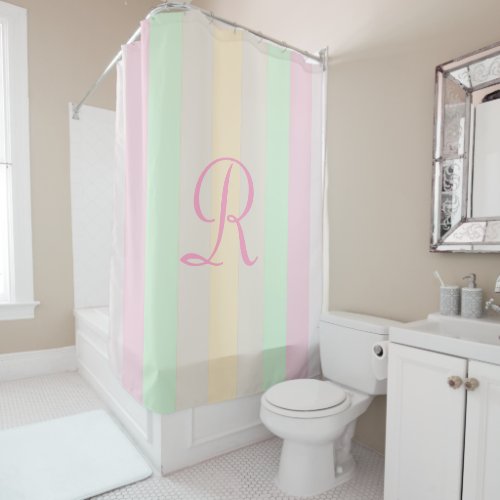 Pastel Striped Shower Curtain Pale Pink Monogram