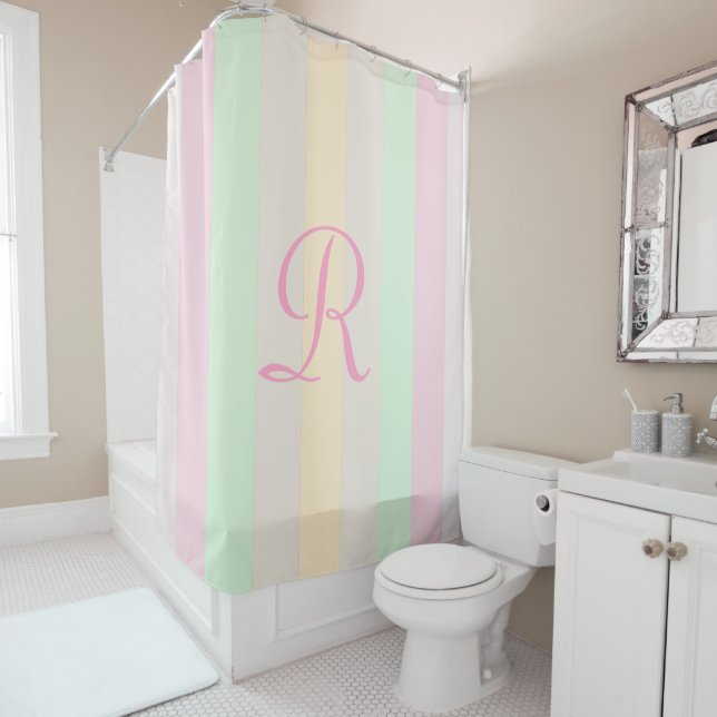 Pastel Striped Shower Curtain Pale Pink Monogram (In Situ)