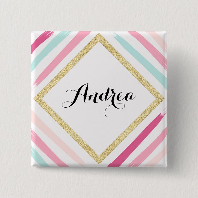 Pastel Stripes and Gold Glitter Personalized Button (Front)