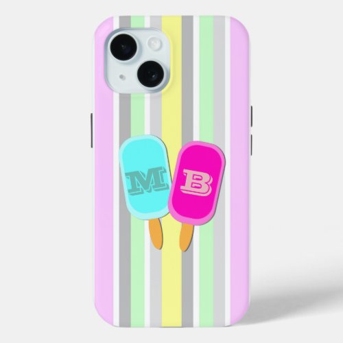 Pastel Stripes and Popsicles Monogram iPhone 15 Case