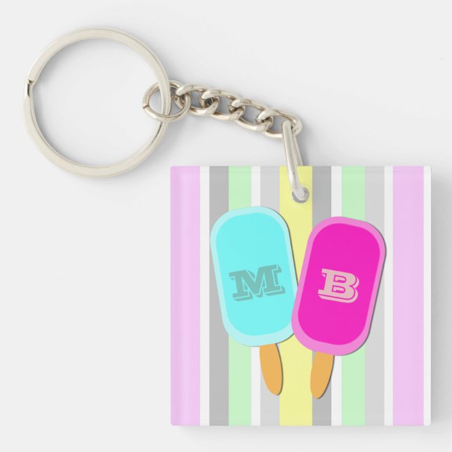 Pastel Stripes and Popsicles Monogram Keychain (Front)