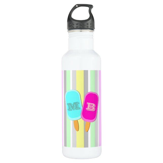 Pastel Stripes and Popsicles Monogram Stainless Steel Water Bottle (Front)