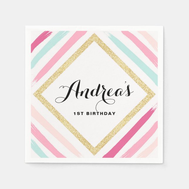 Pastel Stripes & Gold Glitter Kids Birthday Party Napkins (Front)