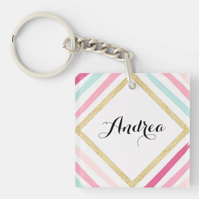 Pastel Stripes Gold Glitter Personalized Keychain (Front)