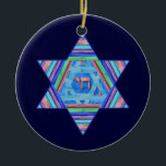 Pastel Stripes Hanukkah Star Ornament<br><div class="desc">A digital collage, in pretty pastel stripes; a Star of David with a Chai (life) symbol at the center.  Light and dark blue backgrounds on each side are customizable!</div>