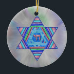 Pastel Stripes Hanukkah Star Ornament<br><div class="desc">A digital collage, in pretty pastel stripes; a Star of David with a Chai (life) symbol at the center on a pale pastel starburst background.</div>