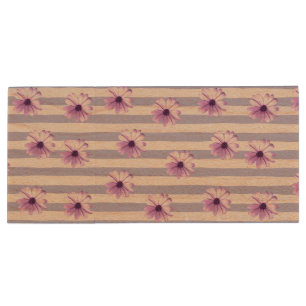 Pastel stripes pattern with Daisies Wood Flash Drive