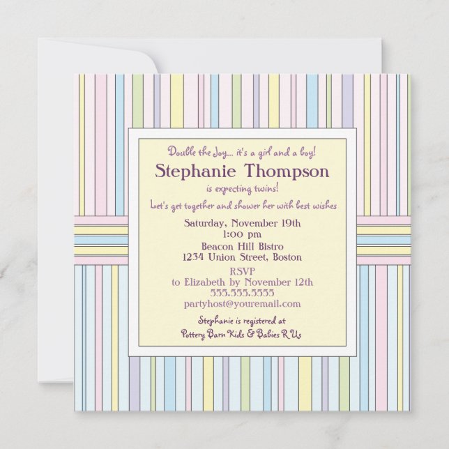 Pastel Stripes Twins Baby Shower Invitation (Front)