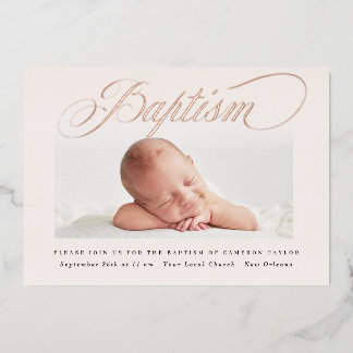 Pastel Subtle Cross One Photo Baptism Rose Gold Foil Invitation