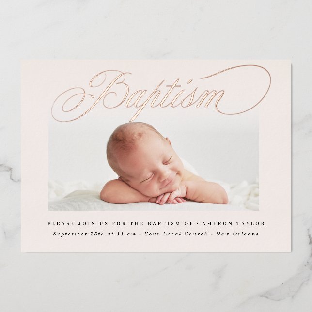 Pastel Subtle Cross One Photo Baptism Rose Gold Foil Invitation (Front)