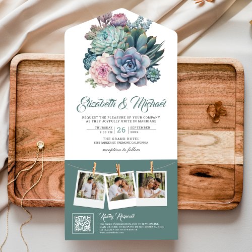 Pastel Succulent Ampersand QR Code Wedding All In One Invitation