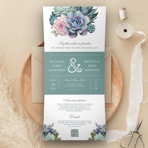 Pastel Succulent Ampersand QR Code Wedding Tri_Fold Invitation