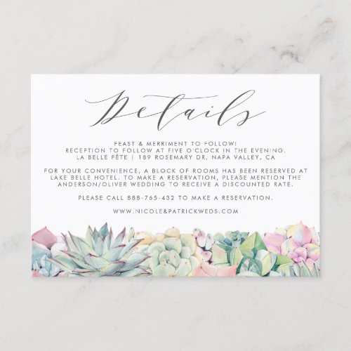 Pastel Succulents Garland Wedding Details Enclosure Card