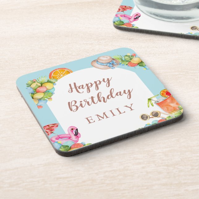 Pastel Summer Birthday Party Beverage Coaster (Left Side)