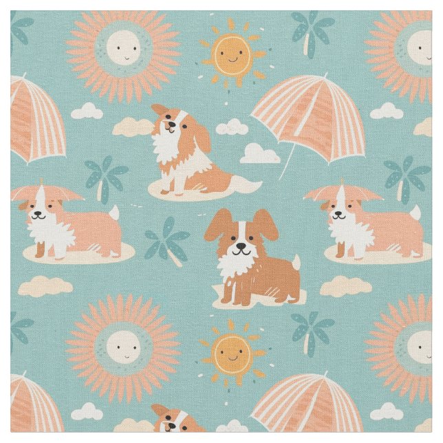Pastel Summer Days at the Beach with the Doggos Fabric (Close Up)