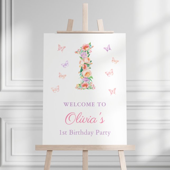 Pastel Summer Garden 1st Birthday Party Welcome Poster (Pastel floral garden theme butterflies 1st birthday party welcome sign)