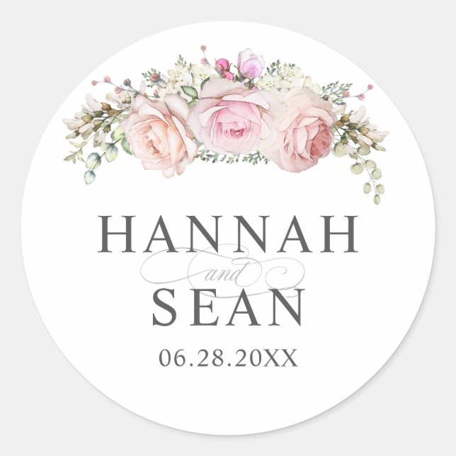 Pastel Summer Roses Wedding Favor Classic Round Sticker (Front)
