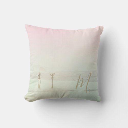 Pastel Summer Surfers Beach Pink  Monogram Throw Pillow