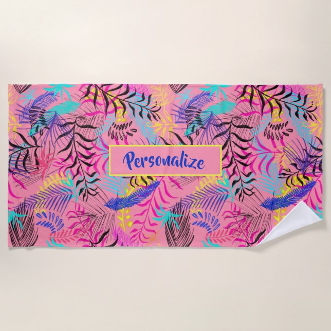 Pastel Summertime Flowers Illustration Personalize Beach Towel (Front)