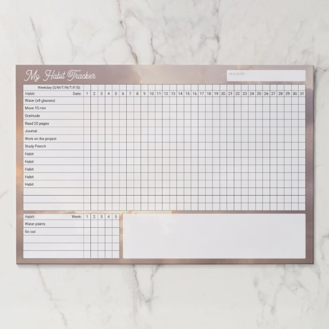 Pastel sunset clouds: Monthly Habit Tracker Custom Paper Pad (Front)