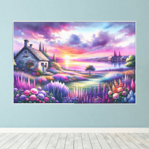 Pastel Sunset Cottage Lakeside Garden Dreamscape Canvas Print