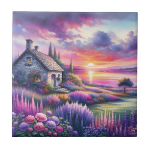 Pastel Sunset Cottage Lakeside Garden Dreamscape Ceramic Tile