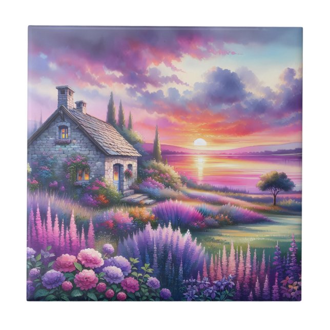 Pastel Sunset Cottage Lakeside Garden Dreamscape Ceramic Tile (Front)
