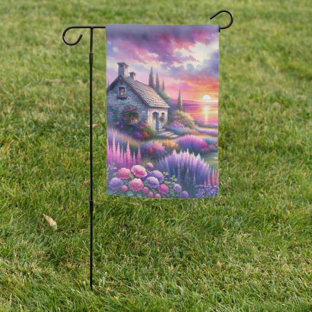 Pastel Sunset Cottage Lakeside Garden Dreamscape Flag (In SItu)