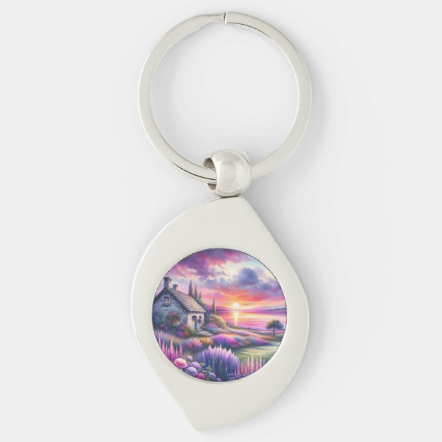 Pastel Sunset Cottage Lakeside Garden Dreamscape Keychain (Front)